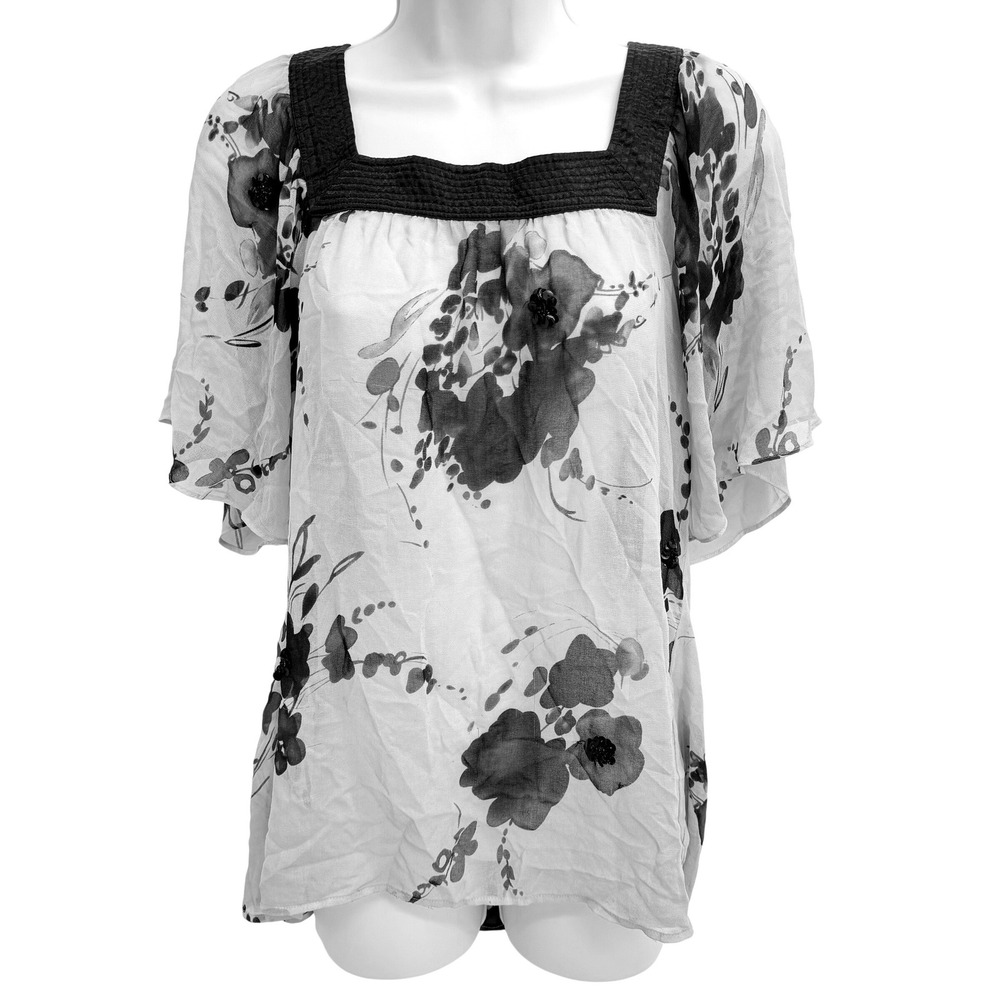 Y2K Forever 21 Sheer Floral Sequin Blouse M Square Neck Flutter Sleeve Fairy